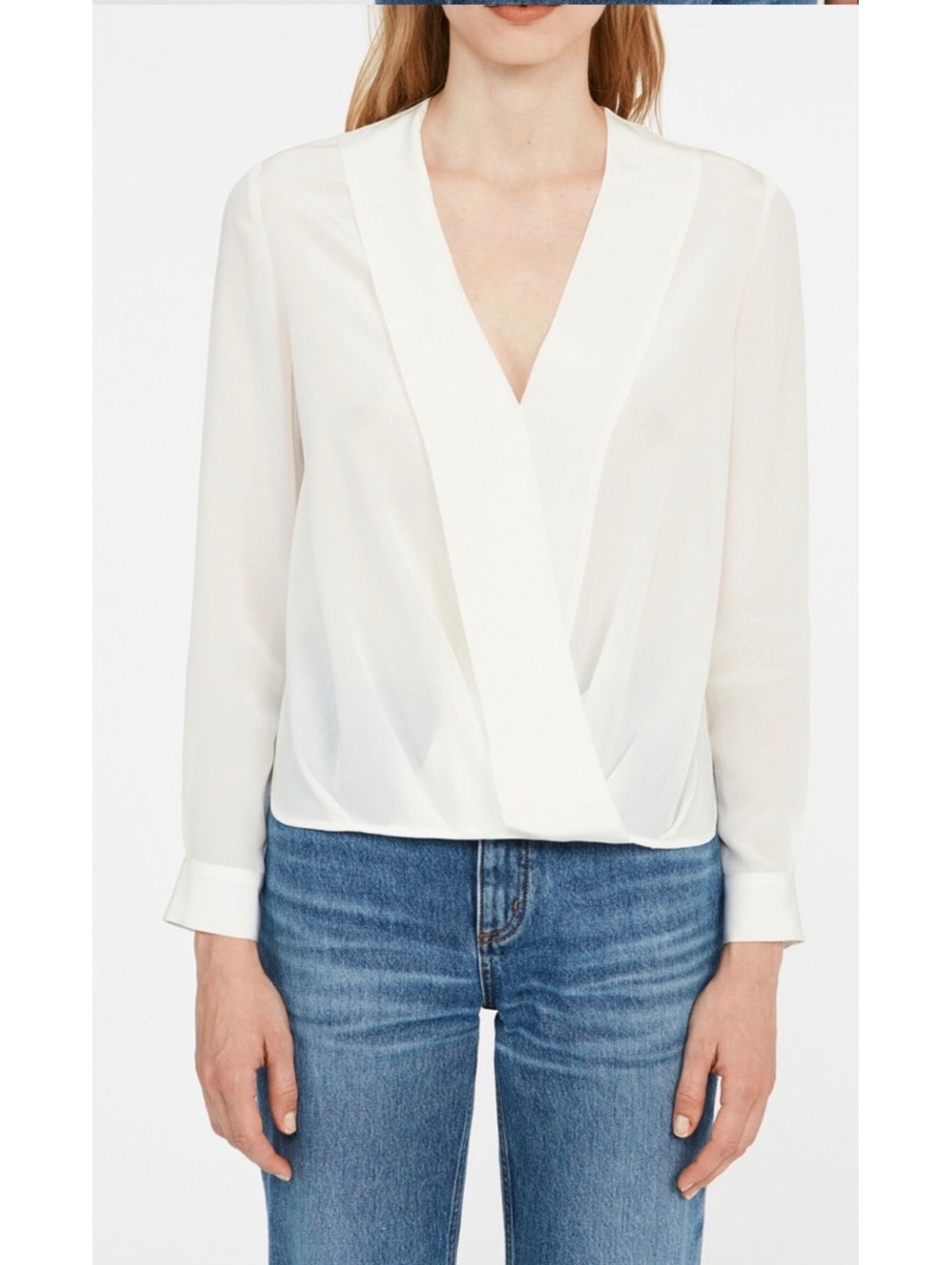 Claudie Pierrot Bonjour Crepe 100% Silk White Long Sleeve V-Neck Blouse, Size 44